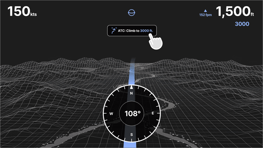 SkytronOS PFD with Smart ATC Annunciation system showing terrain visualization and heading indicator